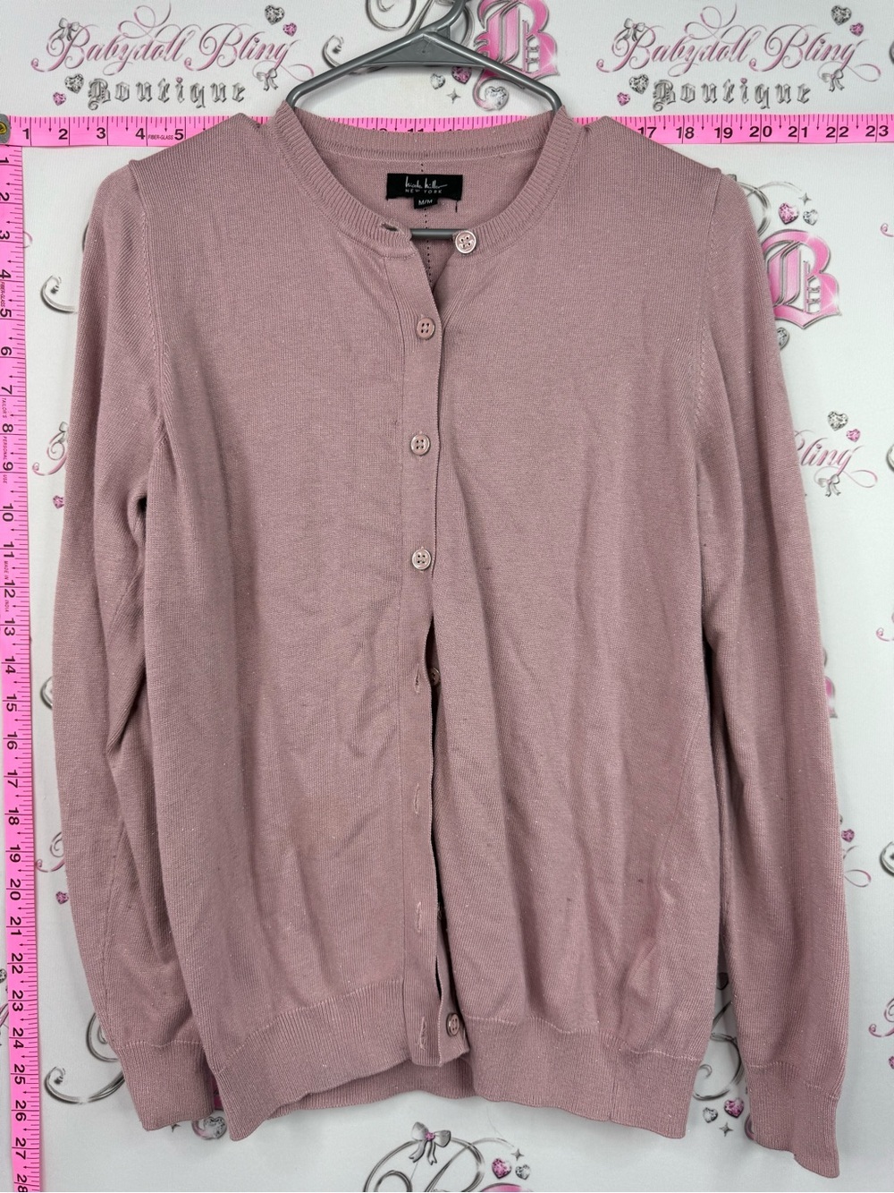 Nicole miller sparkly Classic Crewneck Button-Front Cardigan in Dusty Rose